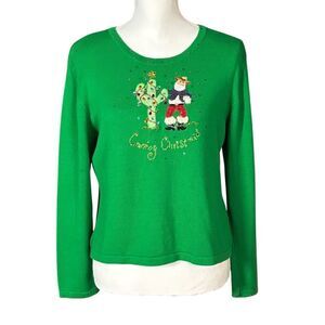 Vintage Berek Christmas Sweater Size Large Green Santa Cowboy Cactus Beaded
